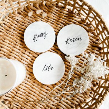 White Custom Marble Coasters with Handwritten Calligraphy Ink
