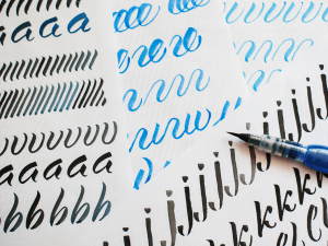 Different types of strokes used in calligraphy with a brush pen